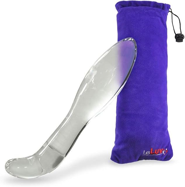 LeLuv Glass Dildo Curved for G-Spot or Prostate Stimulation with Embroidered Padded Pounch