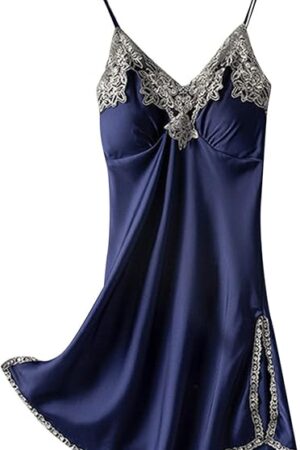 Women Lacy Trim Babydoll Lingerie Sexy Deep V Neck Chemise Nightgown Satin Pajamas Silk Slip Dress Negligee Nightie