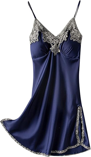 Women Lacy Trim Babydoll Lingerie Sexy Deep V Neck Chemise Nightgown Satin Pajamas Silk Slip Dress Negligee Nightie