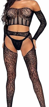 Women's 3 Pc Long Sleeve Halter Choker Crop Top, Lace Suspender Hose, G-String Set, Black, One Size