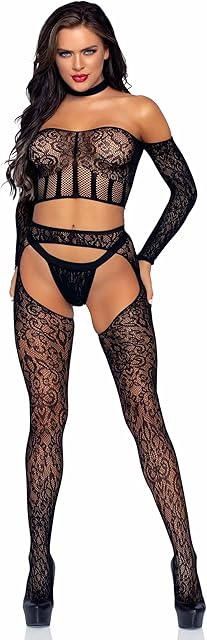 Women's 3 Pc Long Sleeve Halter Choker Crop Top, Lace Suspender Hose, G-String Set, Black, One Size
