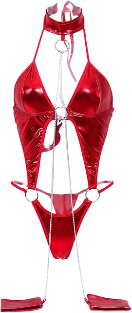 Leather Lingerie Set for Women Halter Neck Ring Linked Cut Out Bodysuit Sexy Nightwear Clubwear with Handcuffs