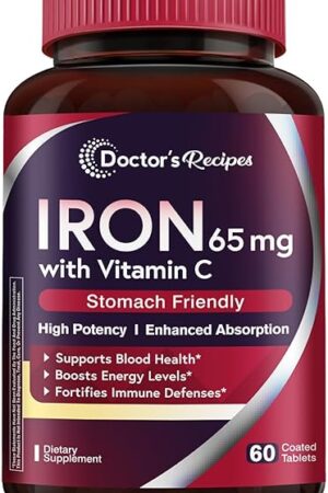 Doctor's Recipes Iron Supplement 65 mg with Vitamin C - Maximized Absorption, Stomach Friendly & High Potency Iron Pills for Red Blood Cells Formation & Immunity Health - Vegan Non-GMO 60 Iron Tablets