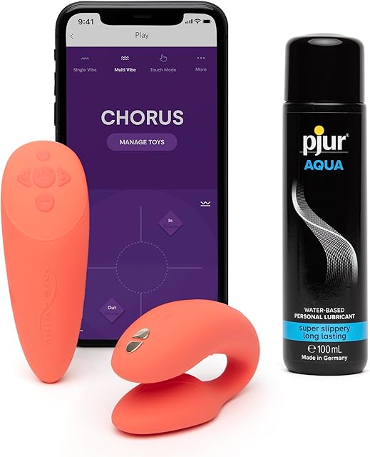 We-Vibe Chorus Remote Control Couples Vibrator Coral Personal Massager & Pjur Aqua Water Based Personal Lubricant 34 fl oz - Couples Sex Toys Bundle