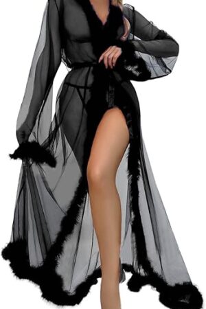 Women Fashion Sexy Tulle Robe Long Lingerie Nightgown Bathrobe Sleepwear Feather Bridal Womens Lace Robe Lingerie