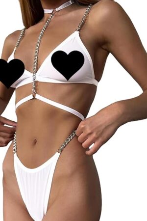 Women's Sexy Mesh Lingerie Set, Adjustable Metallic Chain Straps Bra & Thong & Choker for Daily Underwear, Date Night