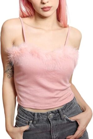 Women Sexy Faux Fur Trim Spaghetti Strap Crop Camisole Cami Vest Tank Top