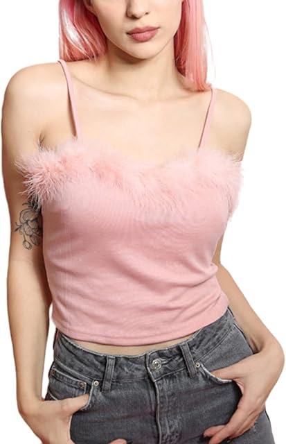 Women Sexy Faux Fur Trim Spaghetti Strap Crop Camisole Cami Vest Tank Top
