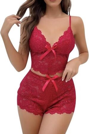 Lace Lingerie Sets for Women Sexy Bra and Panty Set V Neck Bralettes High Waist Underwear Pj Set 2 Piece Sleepwear