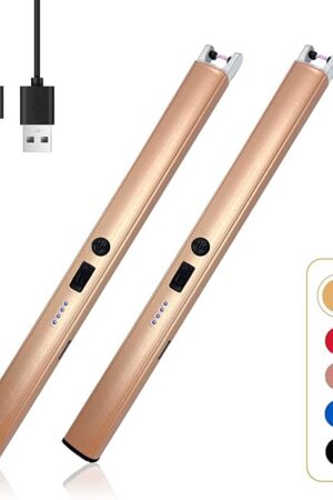 2 PCS Candle Lighter,Windproof Flameless Electric Lighter with LED Power Display ? Safety Switch, Upgraded Plasma USB Rechargeable Lighters for Birthday Camping BBQ (Champagne Gold)
