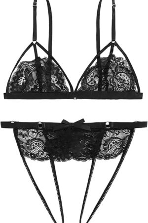 Women's 2 Piece Lingerie Set Floral Lace Sexy Sheer Mesh Embroidered Garter Babydoll Wireless Bra and Panty Sets