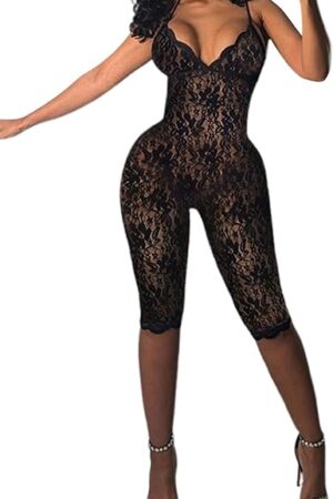 Women Lace Lingerie Jumpsuits Sleeveless Deep V-Neck Capri Pant Sheer Bodycon One Piece Rompers Back Cross Sleepwear