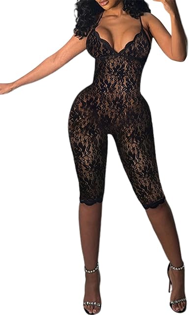 Women Lace Lingerie Jumpsuits Sleeveless Deep V-Neck Capri Pant Sheer Bodycon One Piece Rompers Back Cross Sleepwear