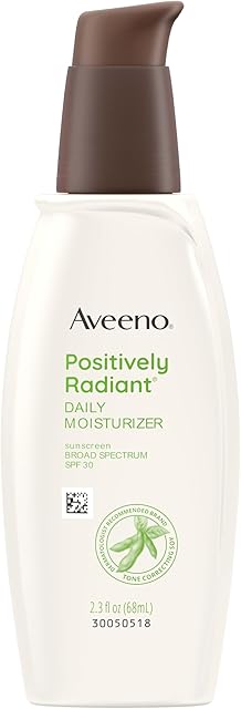 Aveeno Positively Radiant Face Moisturizer with SPF 30 Sunscreen, Hydrating Facial Moisturizer with Soy Extract to Visibly Improve Skin Tone and Texture, Hypoallergenic Formula, Oil-Free, 23 FL OZ