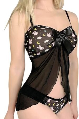 Women Nightwear Lace Babydoll Strap Chemise Halter Lingerie V Neck Sleepwear - Bedtime Bunny Black