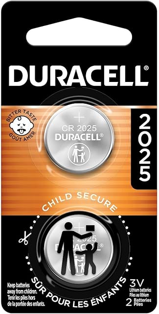 Duracell CR2025 3V Lithium Battery, Child Safety Features, 2 Count Pack, Lithium Coin Battery for Key Fob, Car Remote, Glucose Monitor, CR Lithium 3 Volt Cell