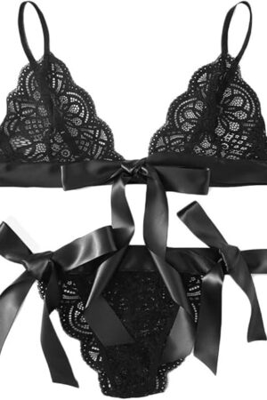 Women Bra Sexy Underpant Scalloped Trim Tie Side Lace Set Lingerie Bow Babydoll Corsets for Women Pajama Sets