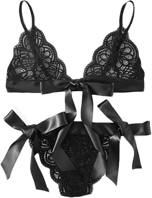 Women Bra Sexy Underpant Scalloped Trim Tie Side Lace Set Lingerie Bow Butterfly Strappy Girls Underwear