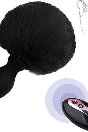 Bunny Tail Butt Plug Vibrator, Soft Silicone Anal Plug with Black Furry Tail Plug, Wireless Remote Control Design, Rabbit Tail Trainer for Adult Sex Toys for Role Play Cosplay Women, Men and Couples