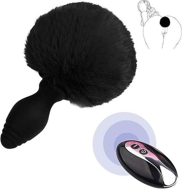 Bunny Tail Butt Plug Vibrator, Soft Silicone Anal Plug with Black Furry Tail Plug, Wireless Remote Control Design, Rabbit Tail Trainer for Adult Sex Toys for Role Play Cosplay Women, Men and Couples
