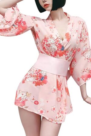 Women's Kimono Dress Sakura Patten Japanese Geisha Costume Short Robe Obi Belt Bathrobe Lingerie Nightwear Outfit