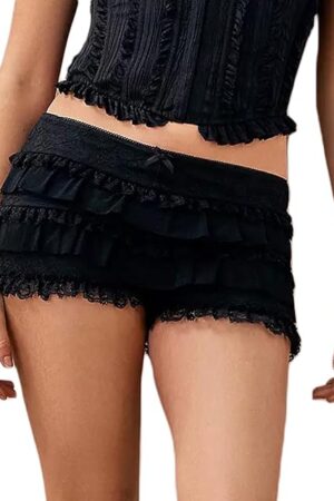 Women Lolita Lace Bloomer Shorts Y2k Summer Ruffle Tiered Pumpkin Pants Cute Layered Panties Halloween Bottoms