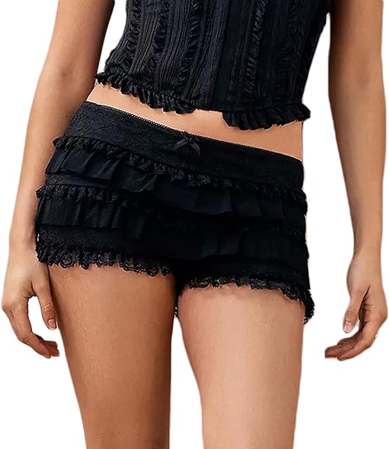Women Lolita Lace Bloomer Shorts Y2k Summer Ruffle Tiered Pumpkin Pants Cute Layered Panties Halloween Bottoms