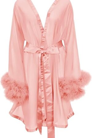Women's Feather Robe Fur Trim Silky Chiffon Sheer Sexy Illusion Lingerie Nightgown Sleepwear Bridal Wedding Day