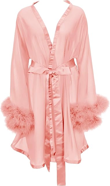 Women's Feather Robe Fur Trim Silky Chiffon Sheer Sexy Illusion Lingerie Nightgown Sleepwear Bridal Wedding Day