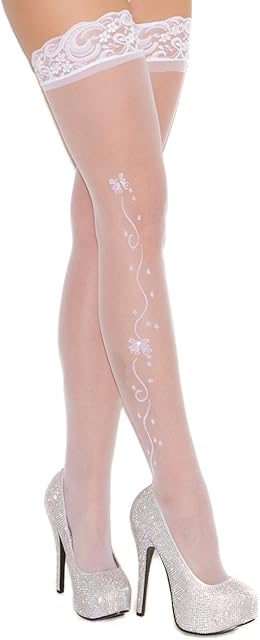 Women's Lace Top Sheer Thigh Hi with Wedding Bells Applique