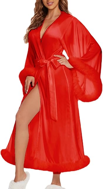 Women Sexy Feathers Collar Perspective Sheer Long Lingerie Robe Nightgown Bathrobe Pajamas Sleepwear