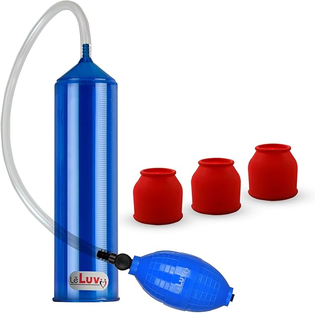 2.25"x9" EasyOp Good Bgrip Blue Ball Grip with Clear Graduated Cylinder/Clear Collapse-Resistant Hose Penis Pump with 3 Silicone Medium Sleeves