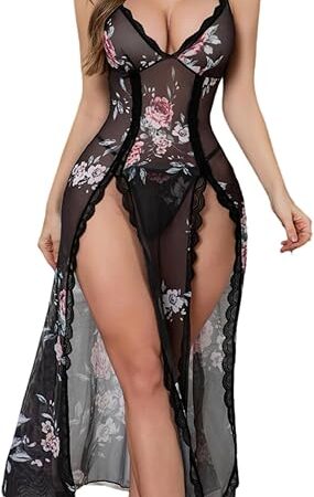 Women Lingerie Lace Babydoll Chemise Sexy Mesh Nightdress V Neck Nightwear Side Split Nightgown S-XXL