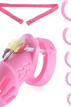 Chastity Cage with Chastity Belt, Silicone Cock Cage & Strap, Male Chastity Devices 5 Cock Rings Bondage Restraints, Breathable Penis Cage Exercise and Abstinence, BDSM Games Sex Toy for Men (Small)