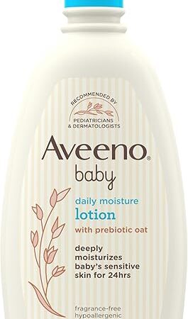 Aveeno Baby Daily Moisture Body Lotion for Sensitive Skin, Hypoallergenic Moisturizing Baby Lotion with Nourishing Oatmeal to Deeply Moisturize Baby's Skin, Fragrance-Free, 18 fl oz