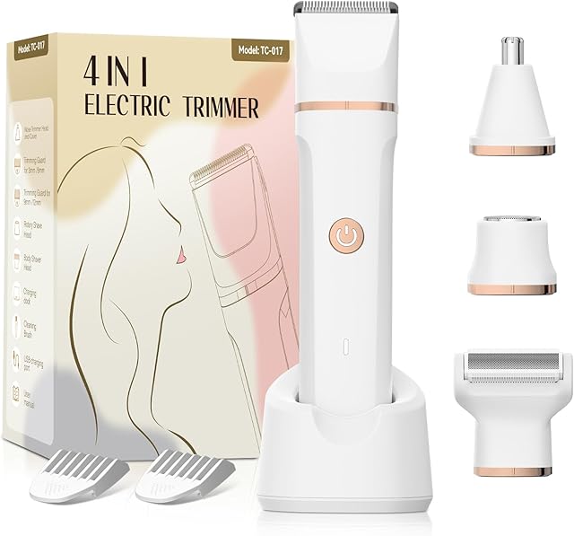 Electric Bikini Trimmer for Women - 4 in 1 Electric Shaver for Women, Waterproof Pubic Hair Trimmers and Facial Hair Remover, Replaceable Razors & Nose Hair Trimmer, Rechargeable Women's Grooming Kit