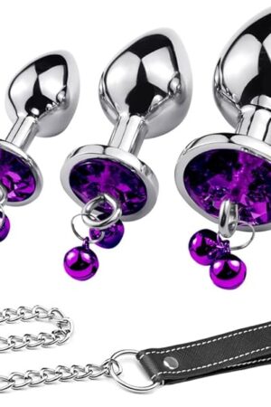 Anal Plug Trainer Kit, 3 PCS Metal Anal Butt Plugs, Jewelry Anal Trainer Sex Toys with Bell and Traction Chain for Beginners Advanced Users (Deep Purple)