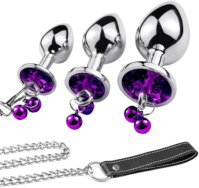 Anal Plug Trainer Kit, 3 PCS Metal Anal Butt Plugs, Jewelry Anal Trainer Sex Toys with Bell and Traction Chain for Beginners Advanced Users (Deep Purple)