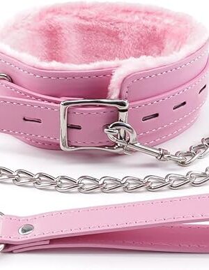 Women Pink Leather Fur-Lined Collar and Leash Set, Sex Toys Leather Necklace Choker for Games