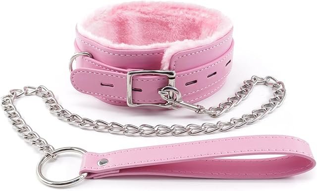 Women Pink Leather Fur-Lined Collar and Leash Set, Sex Toys Leather Necklace Choker for Games