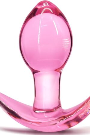 Anal Plug for Comfortable Long-Term Wear Glass Butt Plug with Curved Based & Long Stem Pink Tapered Prostate Massager Sex Toy for Women Men Masturbation