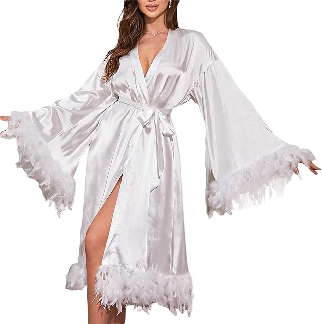 Women Pluffy Feather Bridal Robe Long Gown Lingerie Robe with Fur Nightgown Bathrobe Tulle Maternity Dress