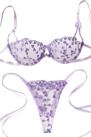 Heart Embroidery Lingerie Set Mesh Unlined Bra & Strappy Thong Women's Sexy Lingerie & Stocking Lingerie for