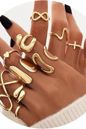Gelbesty 12PCS Chunky Gold Stackable Rings for Women, Thumb Pinky Adjustable 14K Gold Plated Rings Set, Fashion Cute Dainty Jewelry Pack