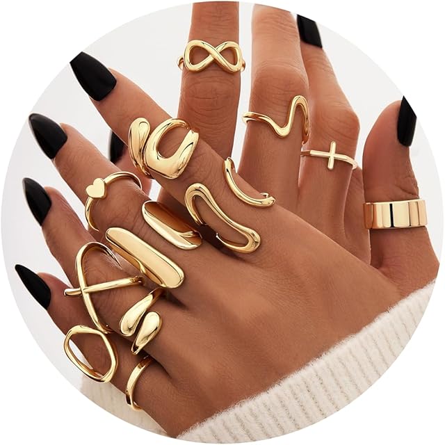 Gelbesty 12PCS Chunky Gold Stackable Rings for Women, Thumb Pinky Adjustable 14K Gold Plated Rings Set, Fashion Cute Dainty Jewelry Pack