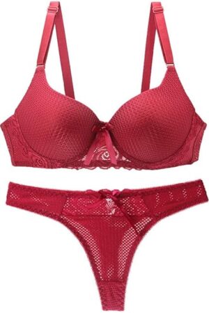 Women's Sexy Plus Up Bra Set Underwire Lingerie Set in Red, Size 32B-46E