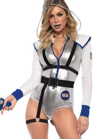 Women's 3PCGalaxy Girl, includes lame zipper front bodysuit with patch accents, belt with attached leg garter, and detachable clear hood, XS