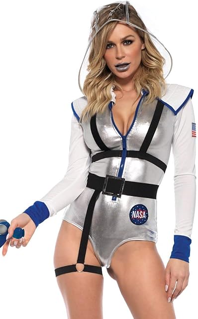 Women's 3PCGalaxy Girl, includes lame zipper front bodysuit with patch accents, belt with attached leg garter, and detachable clear hood, XS