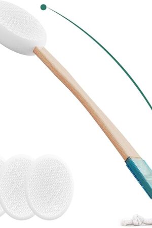 Back Lotion Applicator with 4 Replaceable Pads, Lotion Applicator for Back Self Elderly, Women, Sunscreen Applicator for Cream with 17" Curved Handle Easy to Target Back and Feet, White