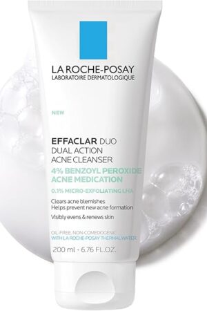 La Roche-Posay Effaclar Dual Acne Face Wash With 4% Benzoyl Peroxide & LHA Exfoliant, Acne Treatment Help Clear & Prevent Blemishes, Paraben Free & Oil Free Wash, 676 Fl Oz